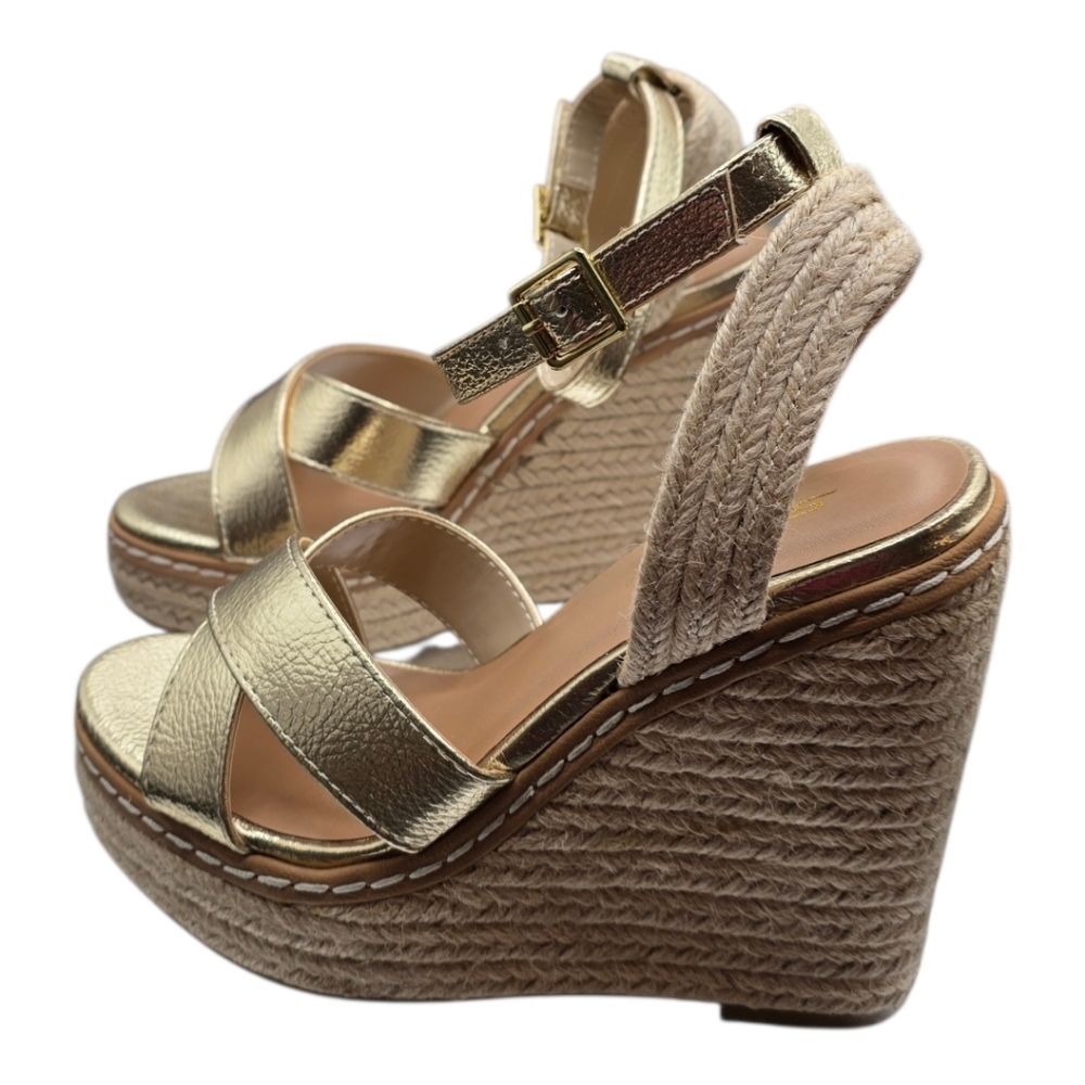 Soda Gold Espadrille Platform Wedge Sandals Ankle Strap 5.5 NWOT